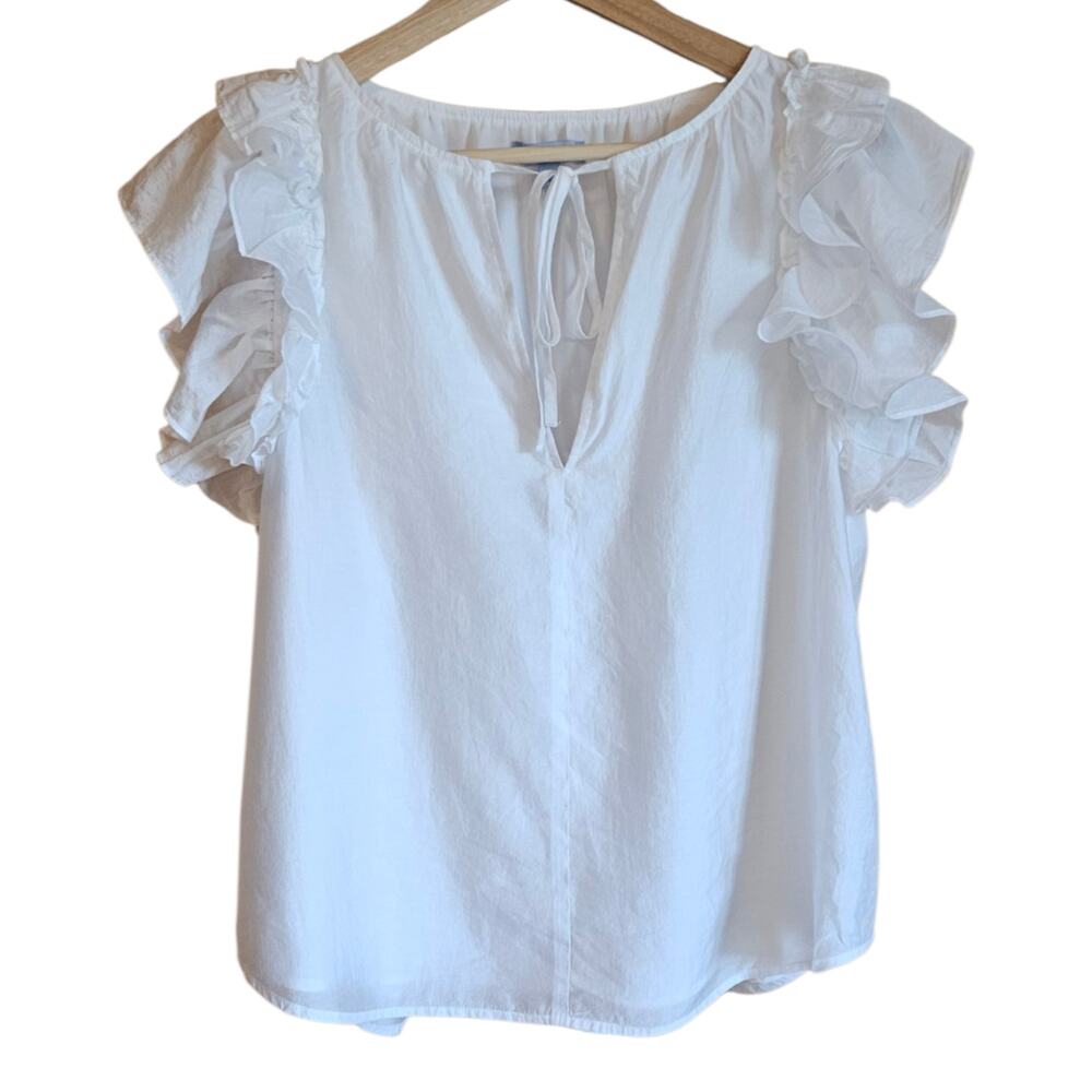 Antonio Melani White Ruffle Sleeve Tie Neck Blouse Size Large